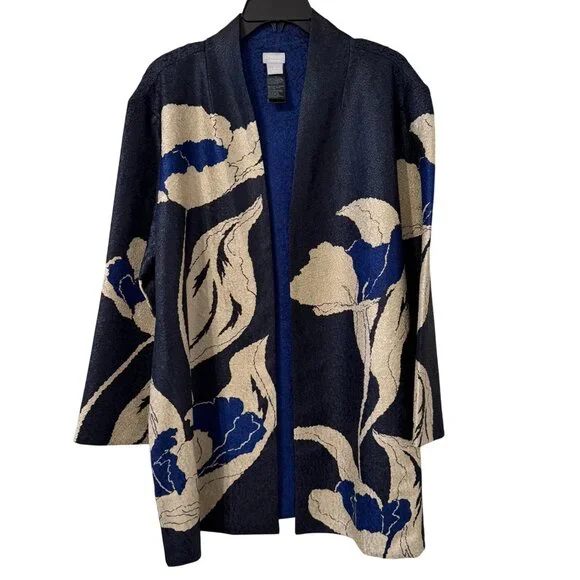 Chicos Travelers Reversible Open Front Jacket With Floral/Solid Design Size 16/1 - Picture 1 of 12